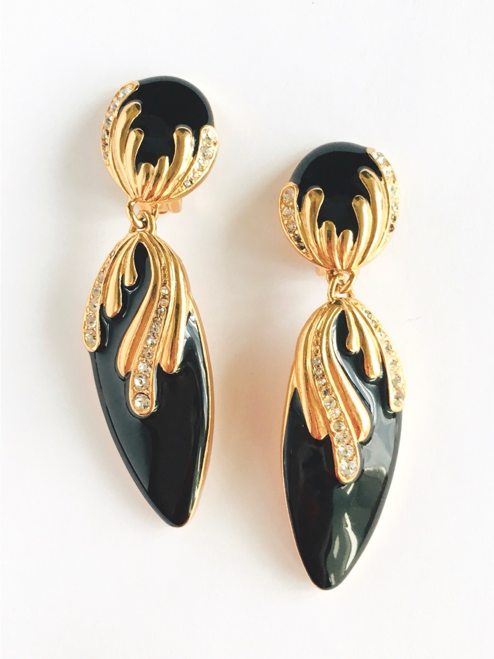 Gantos 1990s  Black and Gold Runway Clip on Earrings with Rhinestones